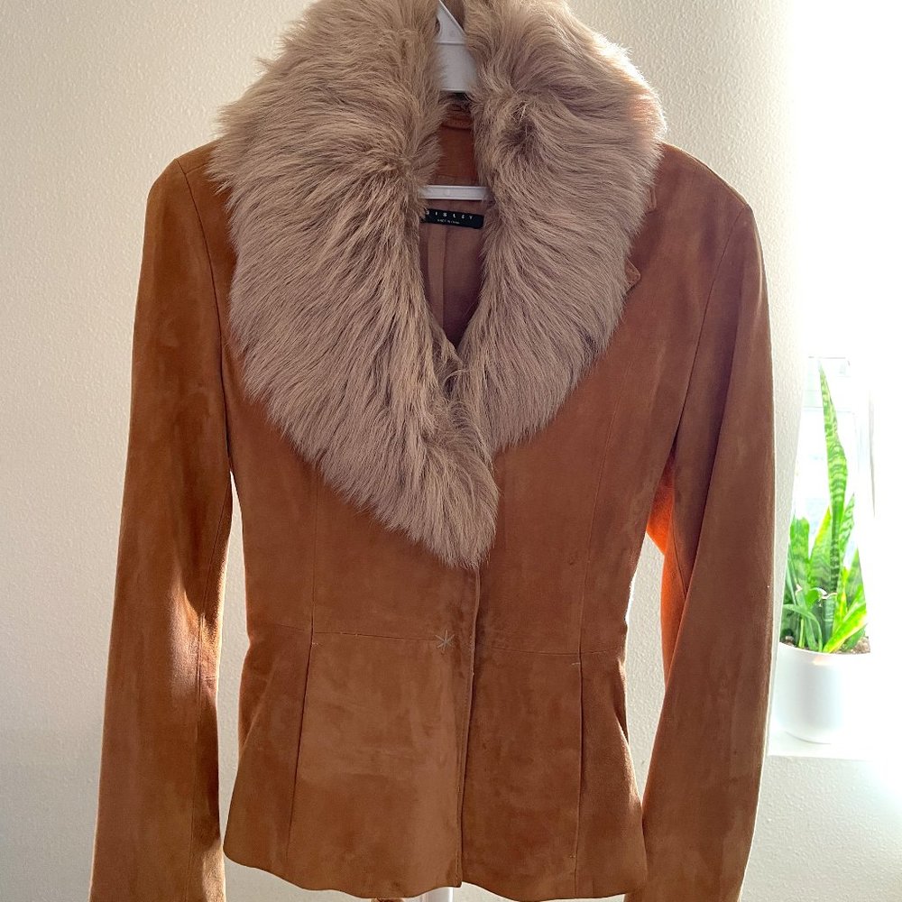 Suede Leather Jacket with Detachable Faux Fur Trim